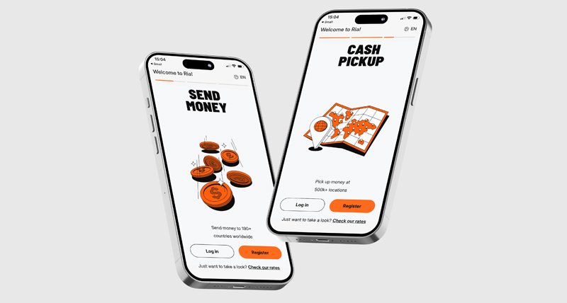 Ria app onboarding illustrations: Send Money and Cash Pickup